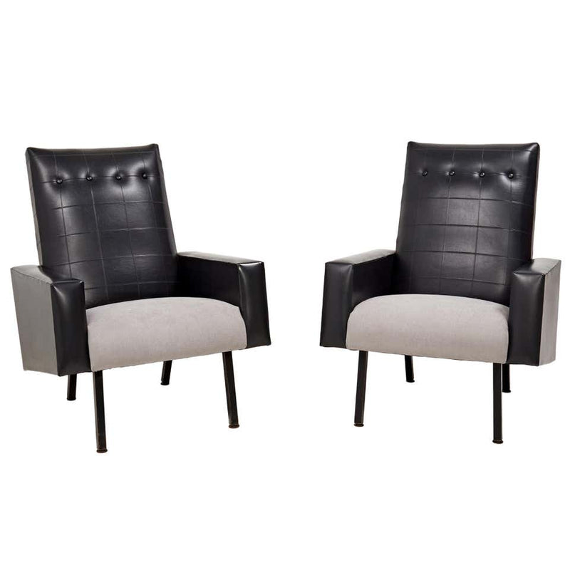 Mid Century Black Leather Pierre Guariche Style Armchairs, Set of 2 - REHAUS - Pierre Guariche