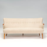 Mid Century Scandinavian Curved Beige & Teak Three Seater Sofa