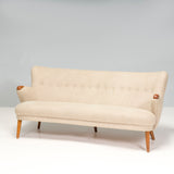 Mid Century Scandinavian Curved Beige & Teak Three Seater Sofa