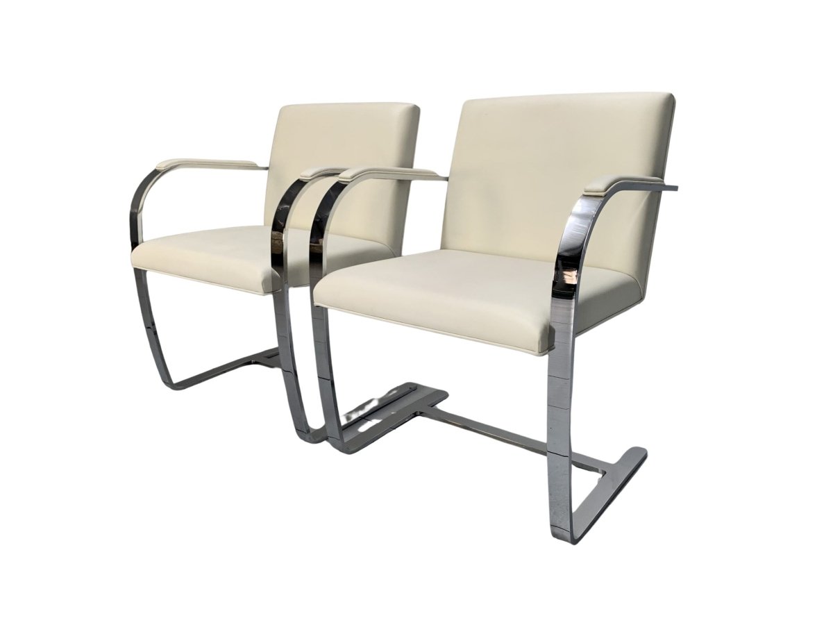 Pair of Knoll Studio Brno Flat Bar Armchairs - in Chrome & White Leather @ REHAUS