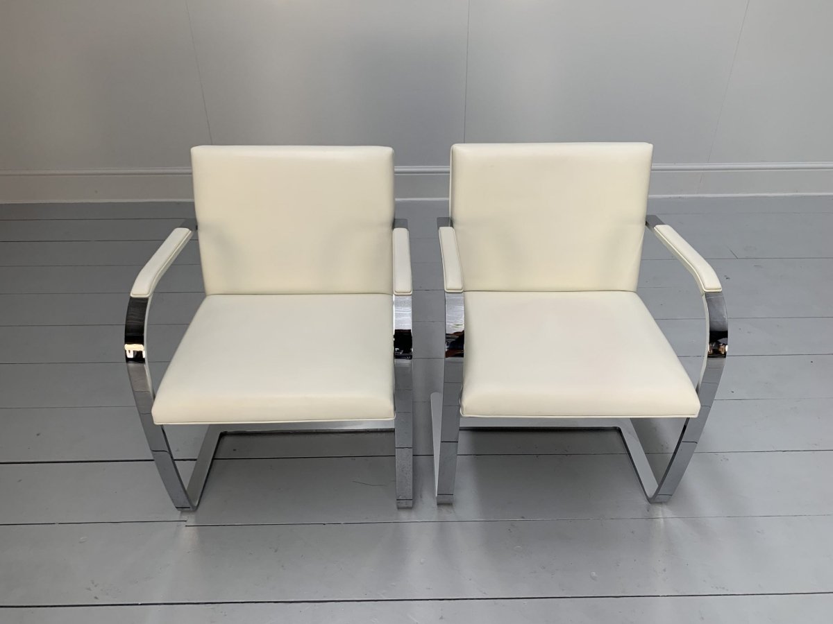 Pair of Knoll Studio Brno Flat Bar Armchairs - in Chrome & White Leather @ REHAUS