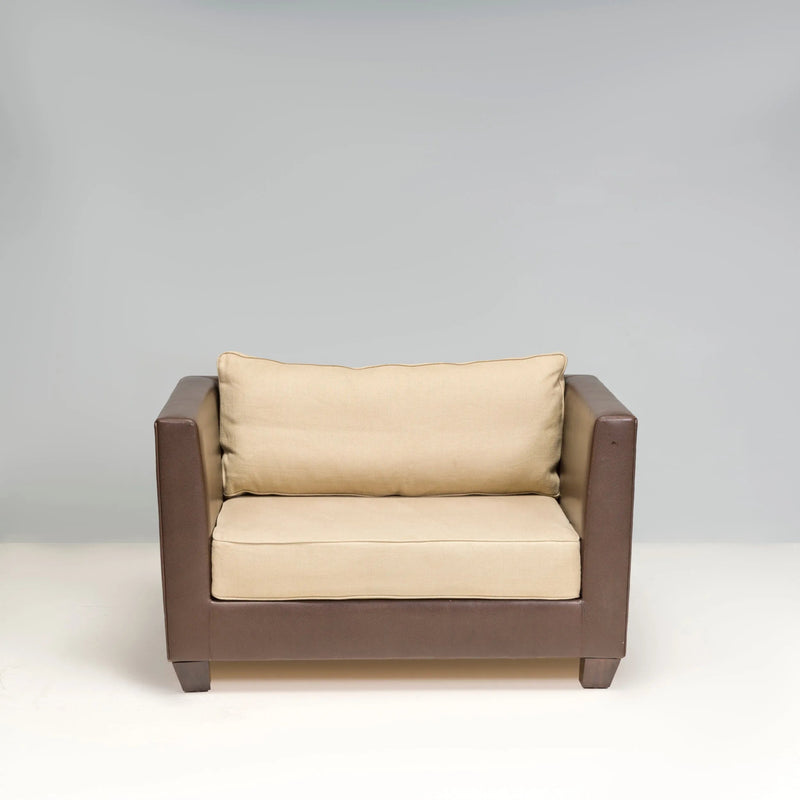 Philippe Hurel Brown Leather & Fabric Loveseat Sofa - REHAUS - Philippe Hurel