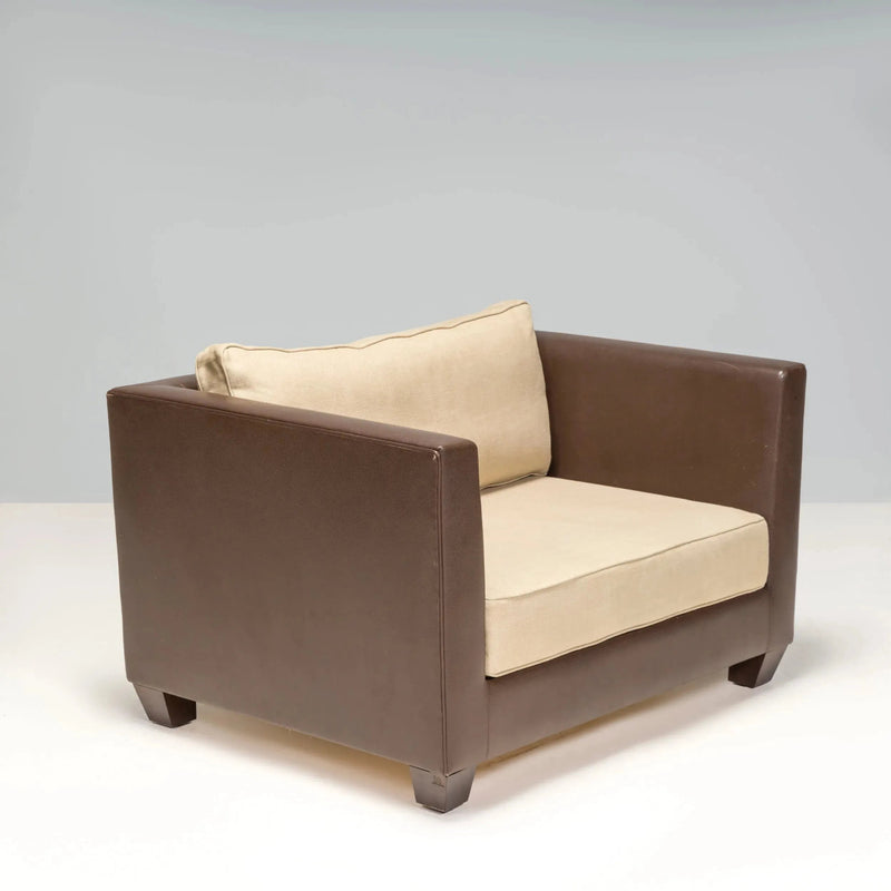 Philippe Hurel Brown Leather & Fabric Loveseat Sofa - REHAUS - Philippe Hurel