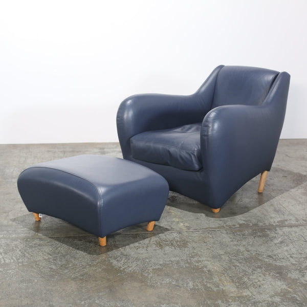 SCP Balzac Blue Leather Armchair and Footstool @ REHAUS