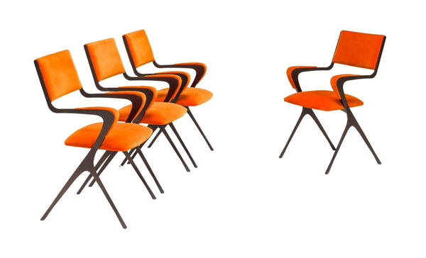 Tom Faulkner Orange Velvet Vienna Carver Dining Chairs, Set of 4 - REHAUS - Tom Faulkner