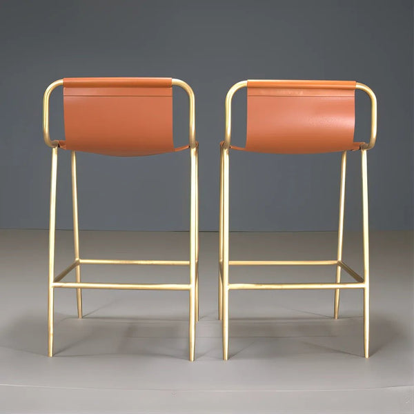 Yellow and Leather Bill Amberg Counter Stools with Solid Brass, Set of 4 - REHAUS - Bill Amberg