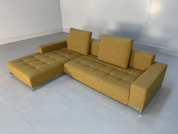 Zanotta Alfa 1326 L - Shape Sofa & Ottoman - In Mustard Yellow Linen & Black Leather @ REHAUS