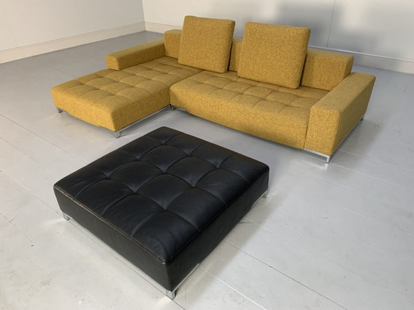Zanotta Alfa 1326 L - Shape Sofa & Ottoman - In Mustard Yellow Linen & Black Leather @ REHAUS