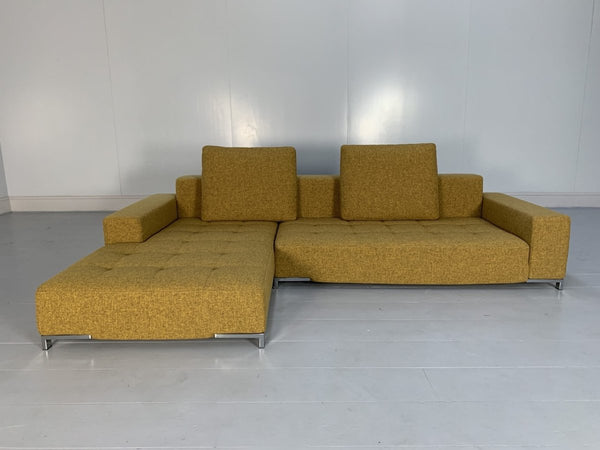 Zanotta Alfa 1326 L - Shape Sofa & Ottoman - In Mustard Yellow Linen & Black Leather @ REHAUS