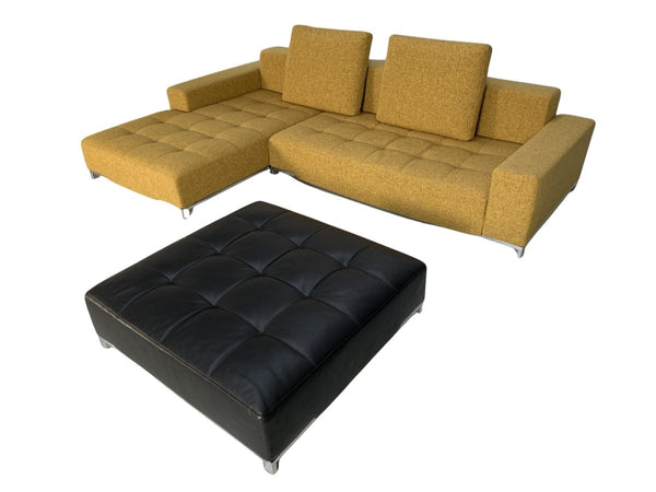Zanotta Alfa 1326 L - Shape Sofa & Ottoman - In Mustard Yellow Linen & Black Leather @ REHAUS