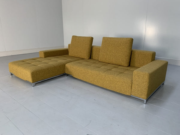 Zanotta Alfa 1326 L - Shape Sofa & Ottoman - In Mustard Yellow Linen & Black Leather @ REHAUS