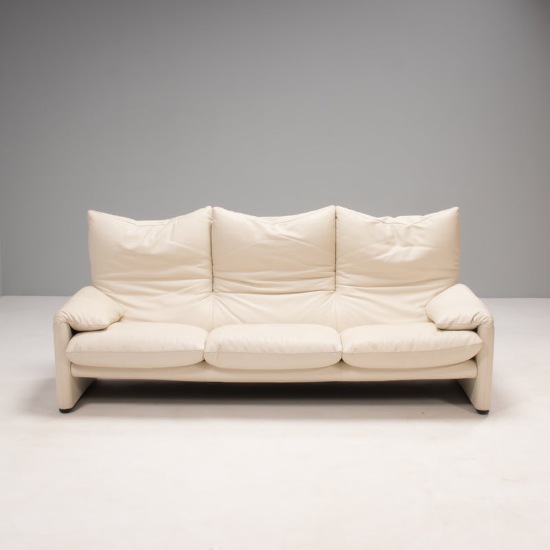 Cassina by Vico Magistretti Maralunga Cream Leather Three Seater Sofa
