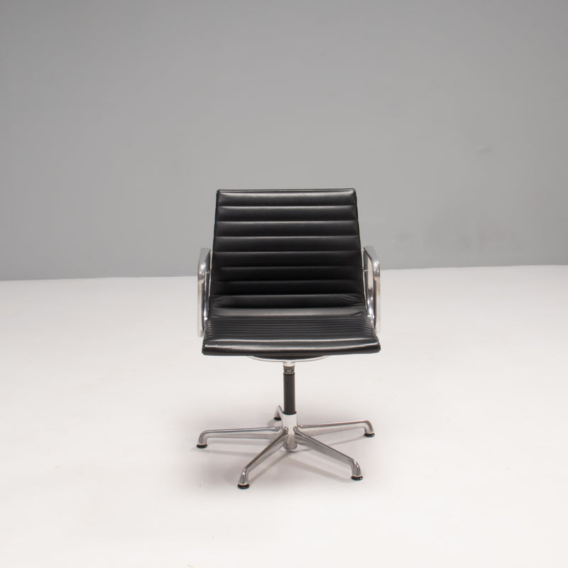 Charles & Ray Eames for ICF EA 108 Black Leather & Aluminium Chairs, Set of 2