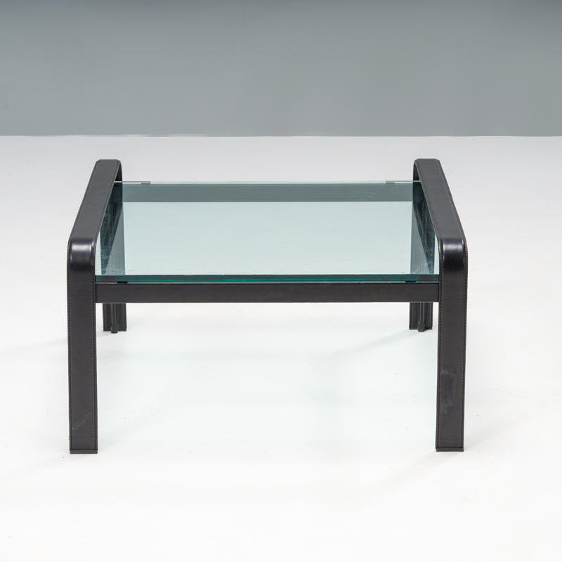 Tito Agnoli for Matteo Grassi Black Leather & Glass Side Table, Set of 2, 1970s