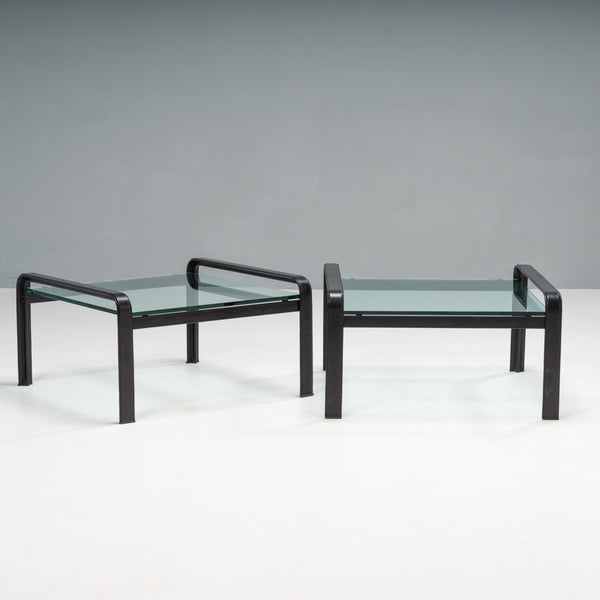 Tito Agnoli for Matteo Grassi Black Leather & Glass Side Table, Set of 2, 1970s