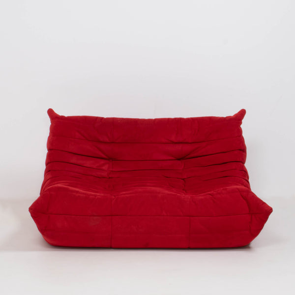 Ligne Roset by Michel Ducaroy Togo Red Suede Sofa and Footstool, Set of 2