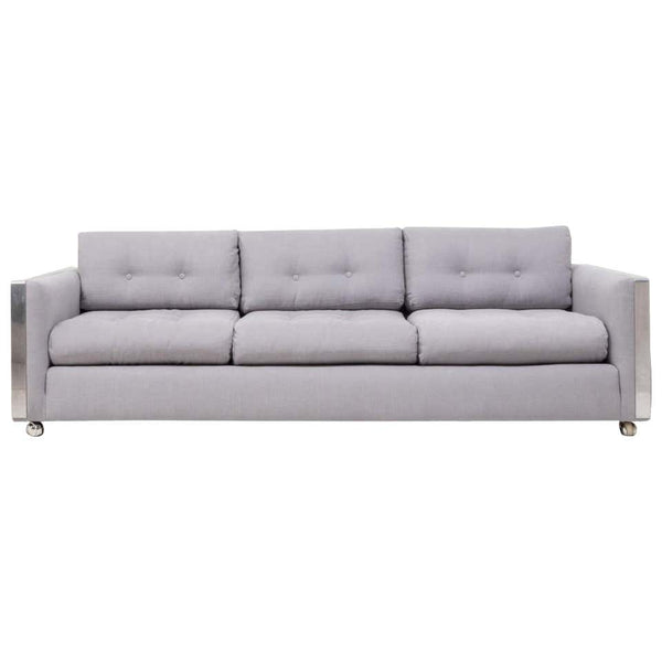 Vintage Grey and Chrome Frame Three-Seat Sofa in the Style of Milo Baughman