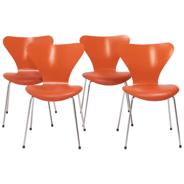 Fritz Hansen by Arne Jacobsen Orange Leather Series 7 Chairs, Set of 4