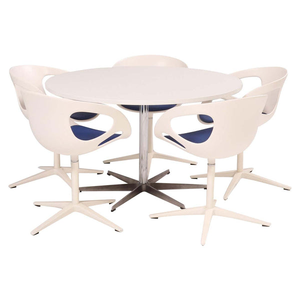 Fritz Hansen Round White Table and Set of 5 White Rin Dining Chairs