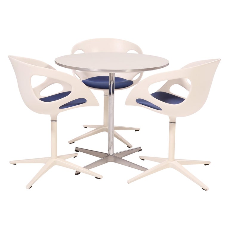 Fritz Hansen Round White Table and Set of 3 White Rin Dining Chairs