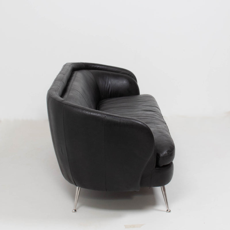 Vintage Italian Curved Black Three Seater Leather Sofa, 1960s