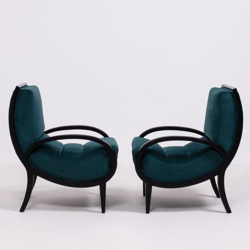 1920s Art Deco Teal Velvet and Bentwood Armchairs, Set of 2