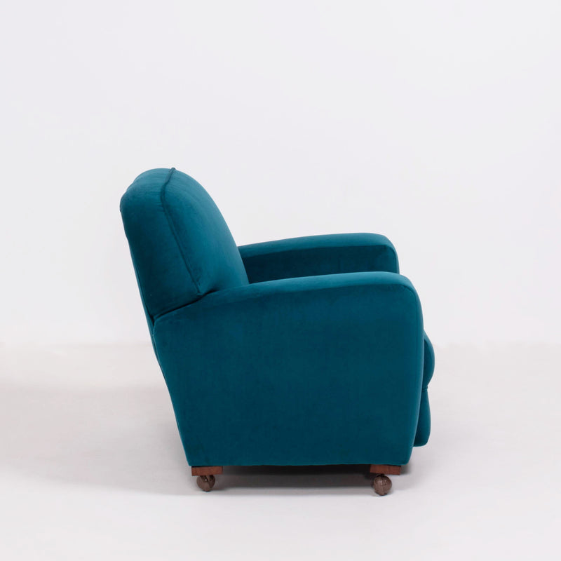 Original 1930's Art Deco Curved Blue Teal Velvet Matching Armchairs
