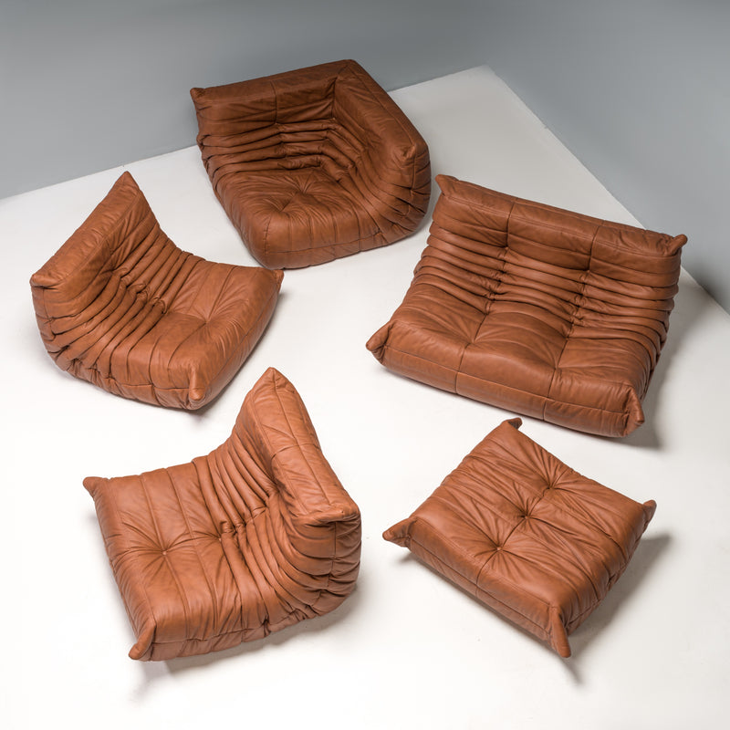 Full suite of Togo seating group in brown leather design by Michel Ducaroy