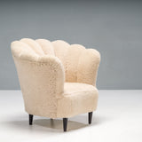 Art Deco-Style Cream Shearling Bouclé Scalloped Armchair