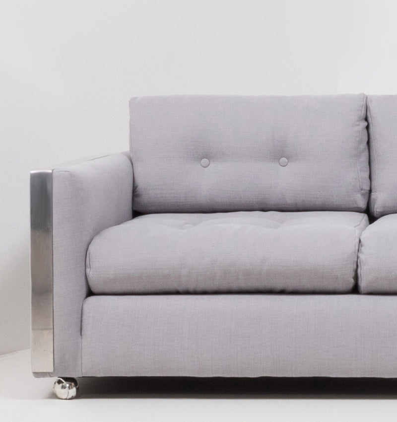 Vintage Grey and Chrome Frame Three-Seat Sofa in the Style of Milo Baughman