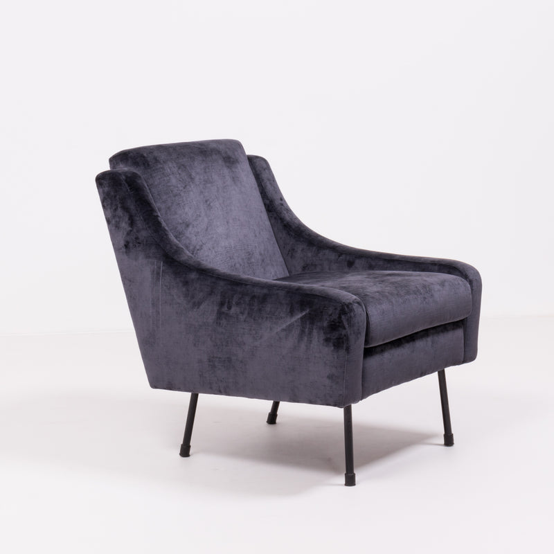 Mid-Century Modern Dark Blue Velvet Armchair