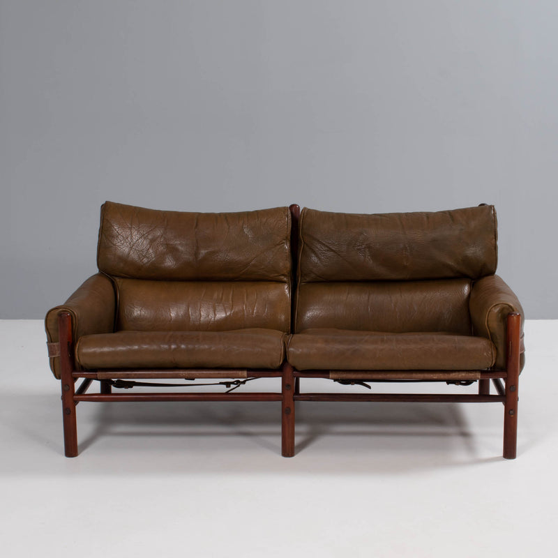 Vintage Arne Norell Kontiki Olive Green Leather Sofa, 1970s