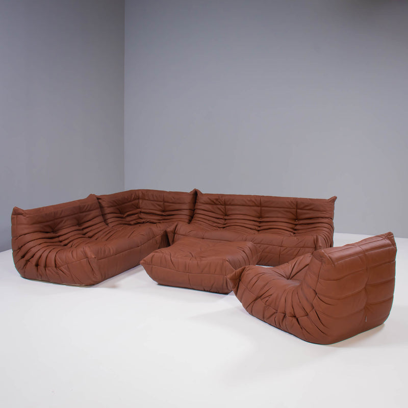 Ligne Roset by Michel Ducaroy Togo Brown Leather Modular Sofa and Footstool, Set of 5