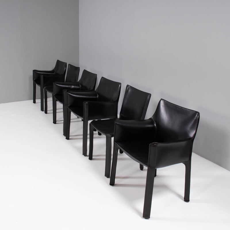 Cassina 'Cab' Black Leather Dining Chairs by Mario Bellini, Set of Six