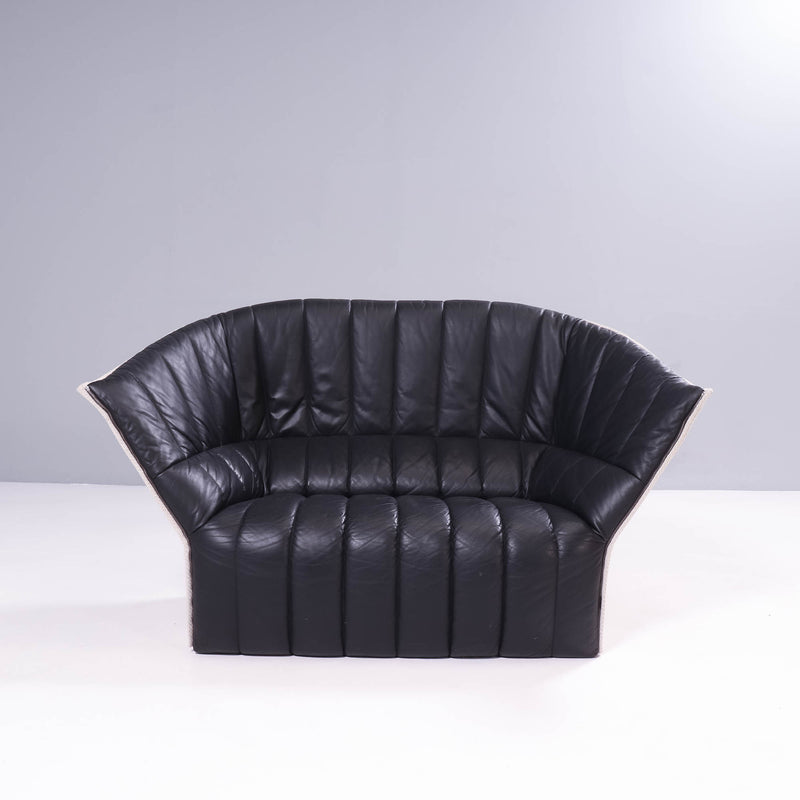 Ligne Roset by Inga Sempé Moel Black Leather Quilted Loveseat Sofa