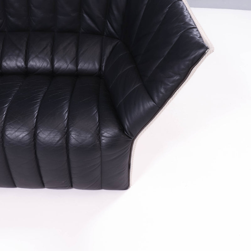 Ligne Roset by Inga Sempé Moel Black Leather Quilted Loveseat Sofa