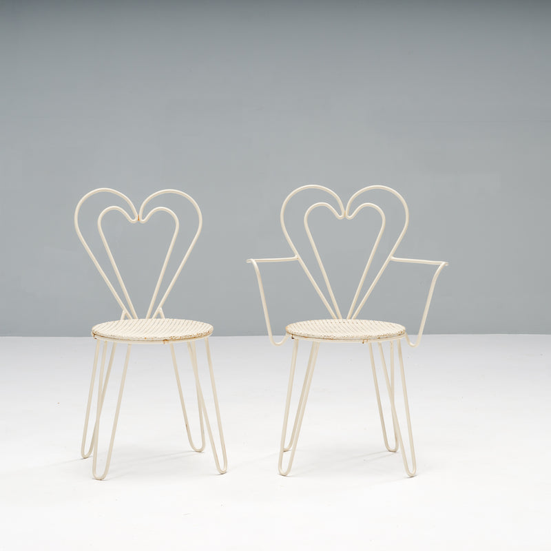 Mid Century Mathieu Matégot White Metal Outdoor Garden Set of Round Table & Heart Chairs, 1950s, Set of 5