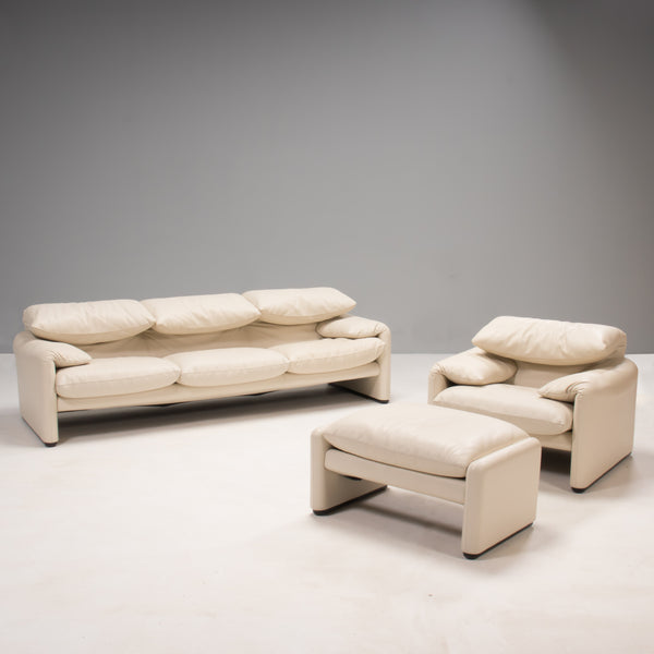 Cassina by Vico Magistretti Maralunga Cream Leather Sofa, Armchair and Footstool