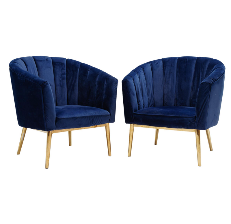 Blue Velvet Shell Back Cocktail Chairs, Set of 2