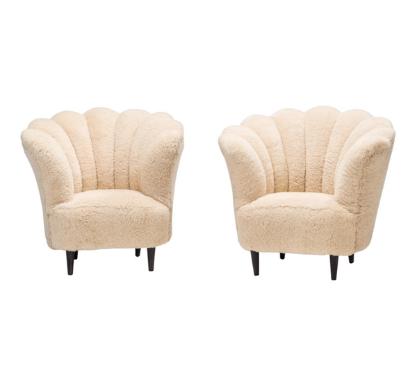 Art Deco-Style Cream Shearling Bouclé Scalloped Armchairs, Set of 2