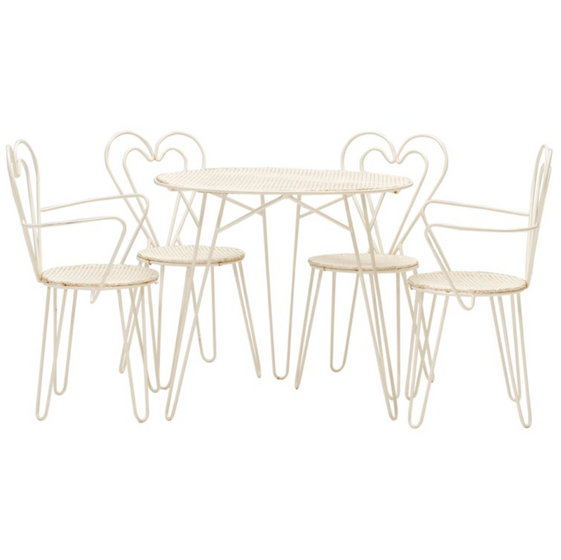 Mid Century Mathieu Matégot White Metal Outdoor Garden Set of Round Table & Heart Chairs, 1950s, Set of 5