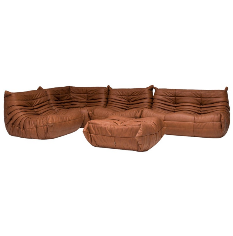 Ligne Roset by Michel Ducaroy Togo Brown Leather Modular Sofa and Footstool, Set of 5
