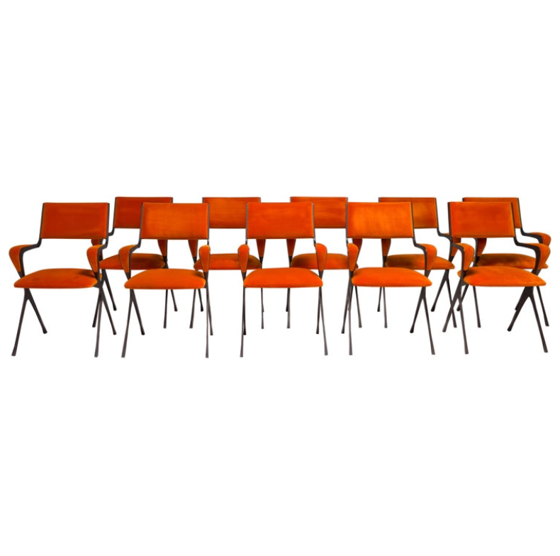 Tom Faulkner Orange Velvet Vienna Carver Dining Chairs, Set of 10