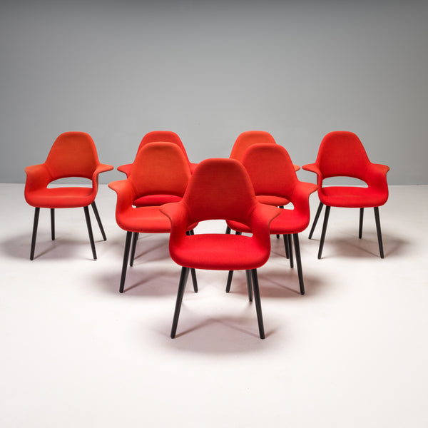Charles Eames & Eero Saarinen for Vitra Red Organic Dining Chairs, Set of 7