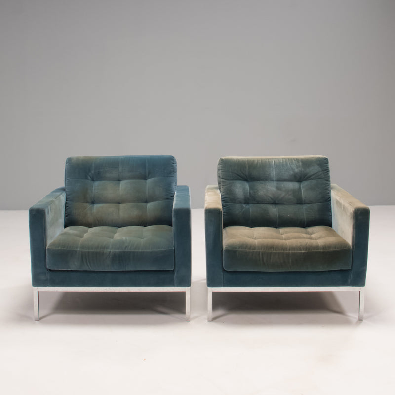 Florence Knoll for Knoll Studio Relaxed Teal Velvet Armchairs, Set of Two
