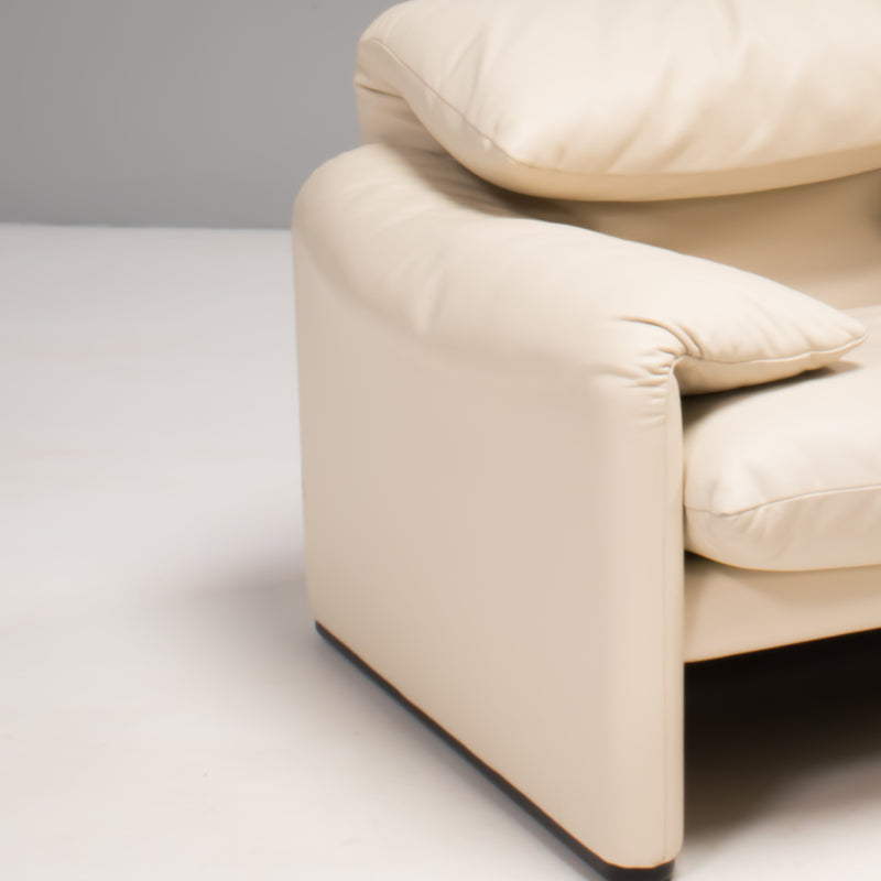Cassina by Vico Magistretti Maralunga Cream Leather Armchair and Footstool