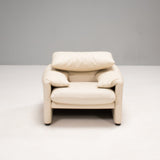 Cassina by Vico Magistretti Maralunga Cream Leather Armchair and Footstool
